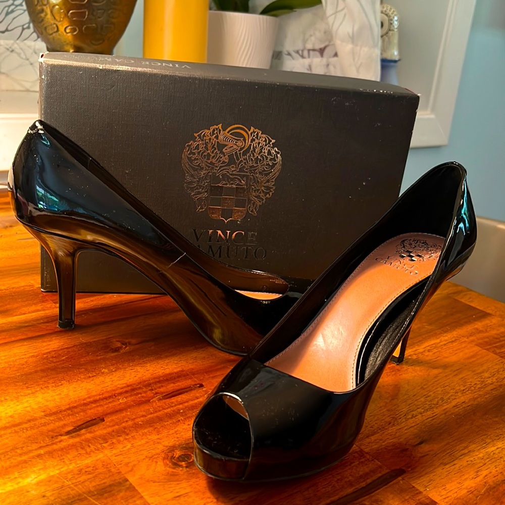 Black Patent Leather peep toe heels, size 10